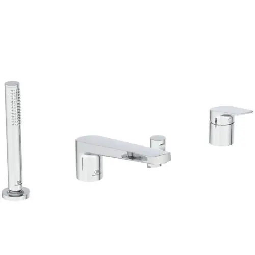 Ein chromfarbener Badewannenarmatur-Satz von Ideal Standard mit einem Wasserhahn, einer Handbrause und Auslauf, geeignet für die Montage am Wannenrand.
